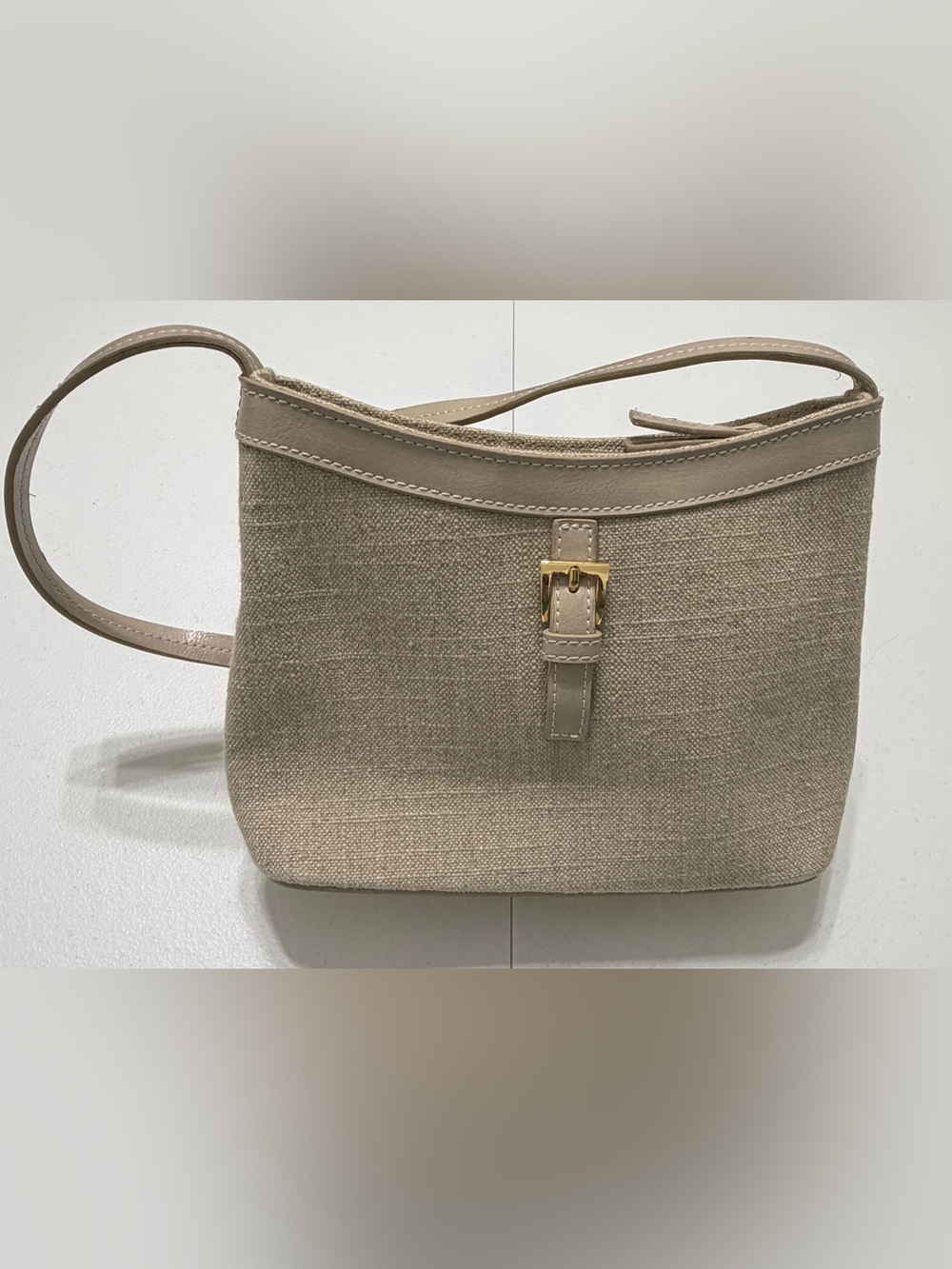 Etienne Aigner Linen Blend Small Shoulder Bag Buckle Detail Neutral Beige